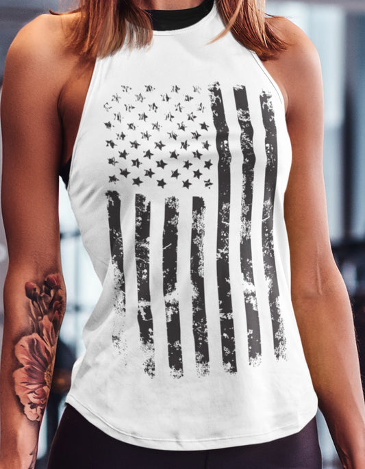 Train Free in the USA: American Warrior American Flag Women's White Tri Rocker Tank Top