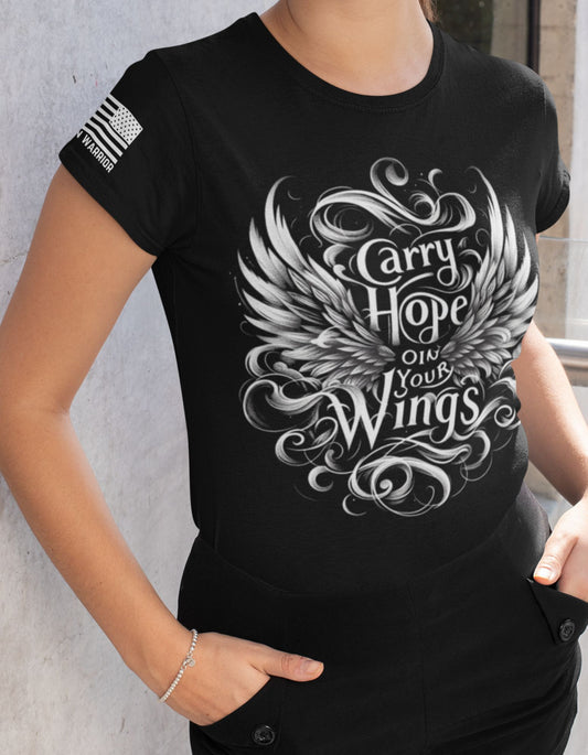 Wear Hope. Spread Hope. Shop the Carry Hope on Her Wings Women's Colored T-Shirt (Carry Hope on Her Wings T-Shirt, Hope Apparel)